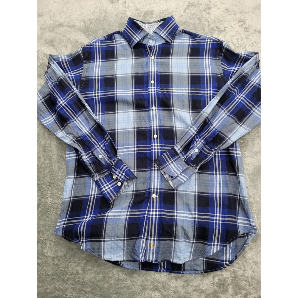 Thomas Dean Button Down Mens Medium Blue Plaid‎ Pima Cotton Long Sleeve
